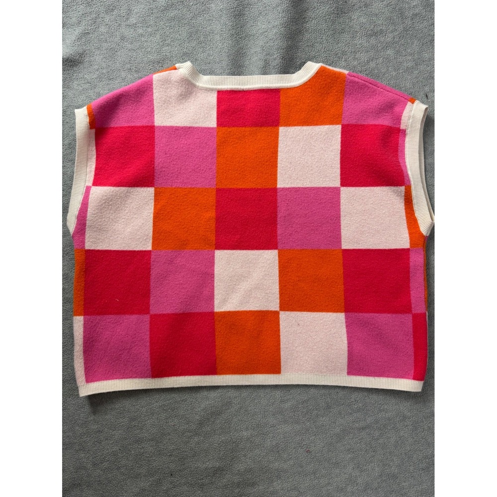 Pink Orange Checkered Knit Sweater Vest Sleeveless Colorblock Crewneck Pullover - Picture 2 of 6